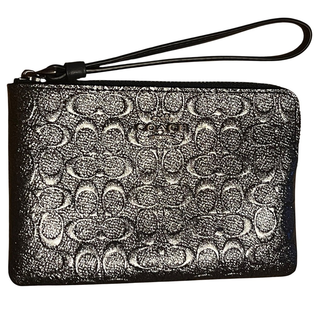 Coach Signature Patent Leather Corner Zip Wristlet Charcoal Glitter F39168 NEW